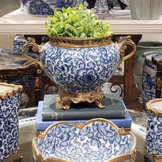Floral Blue & White Planter-Porcelain & Bronze