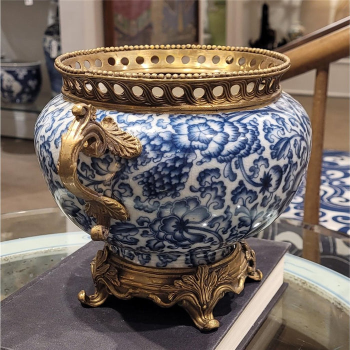 Floral Blue & White Planter-Porcelain & Bronze