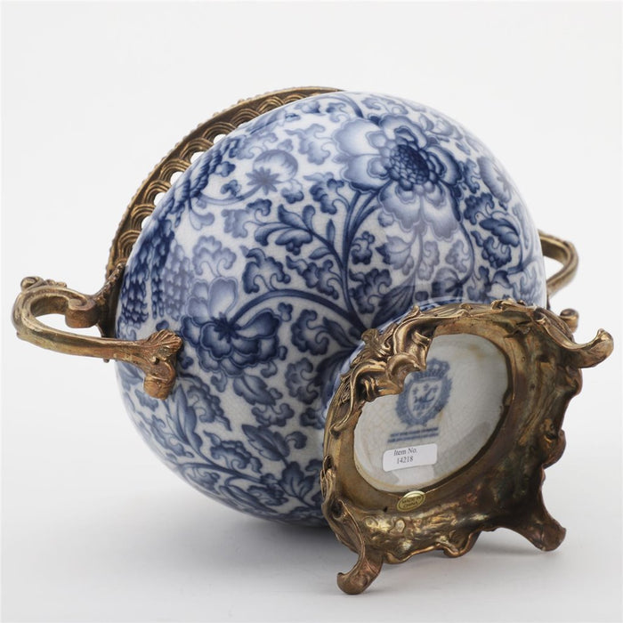 Floral Blue & White Planter-Porcelain & Bronze