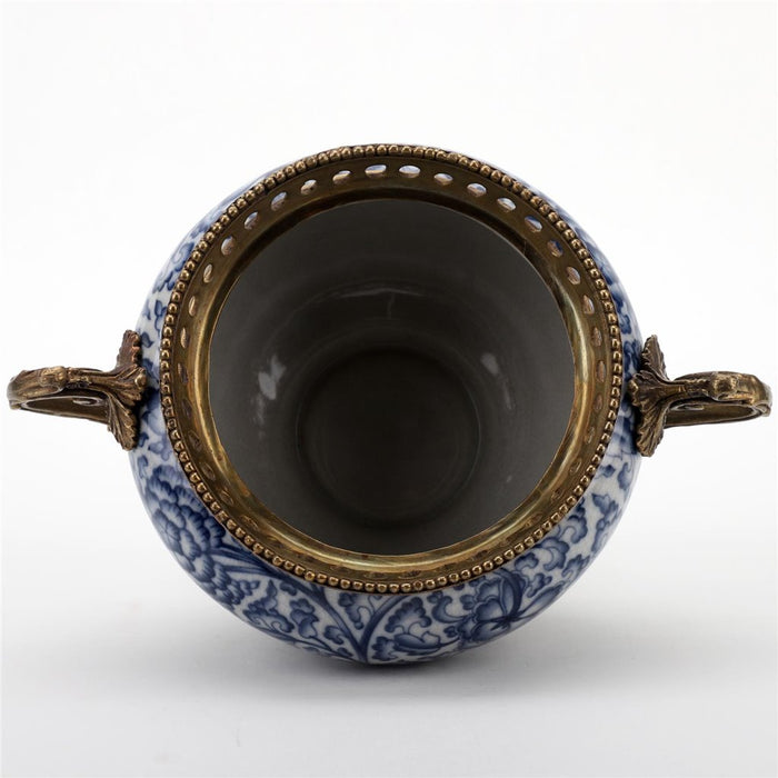 Floral Blue & White Planter-Porcelain & Bronze
