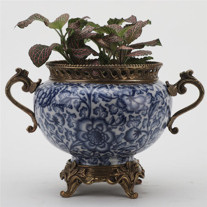 Floral Blue & White Planter-Porcelain & Bronze