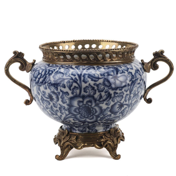 Floral Blue & White Planter-Porcelain & Bronze