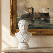 Bust of Confederate General Robert E Lee in white on table. Painting of Civil War battle ship hangs behind.