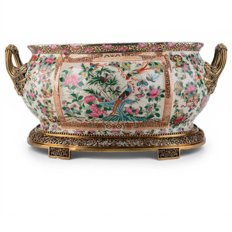 Imperial Phoenix Oval Cachpot Planter-Porcelain & Bronze