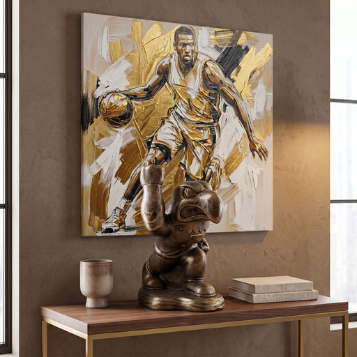 Abstract painting of a basketball player on a wall above a table with a Iowa Hawk Eye statue.
