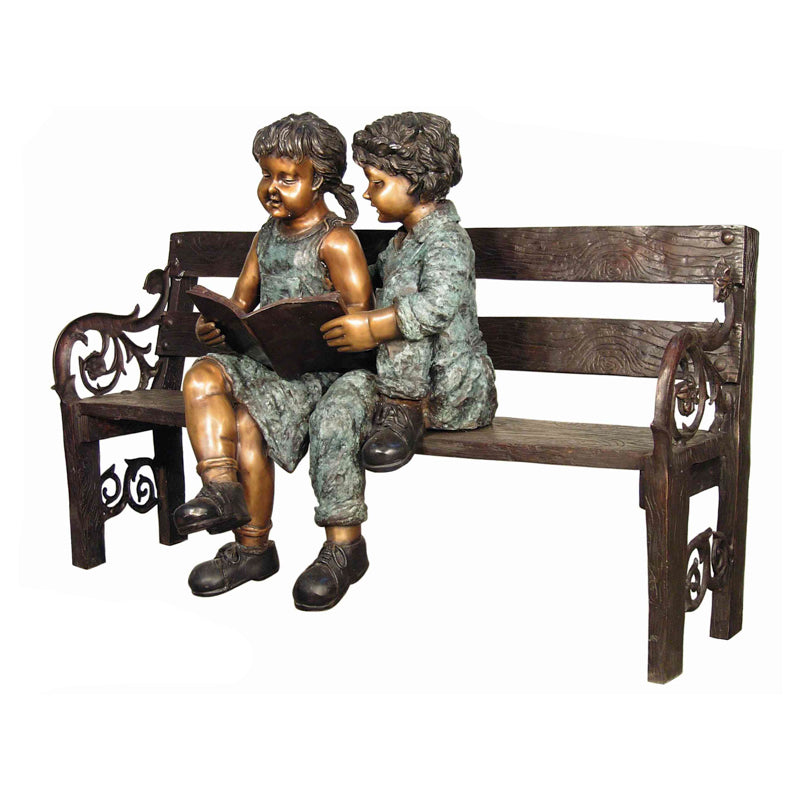 Young Boy & Girl on Bench with Book Bronze Sculpture