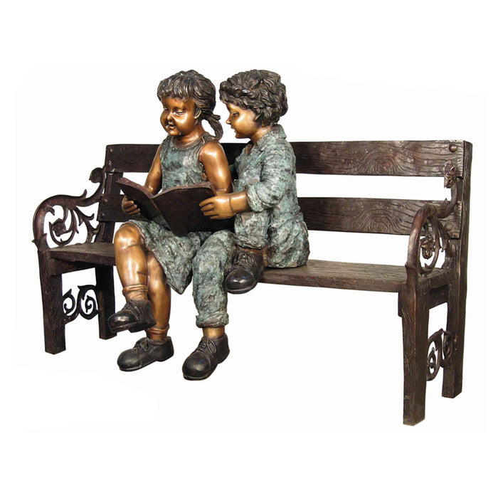 Young Boy & Girl on Bench with Book Bronze Sculpture