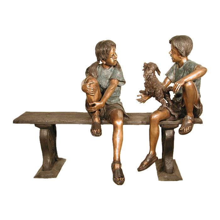 Kids on Bench with Dog Bronze Sculpture