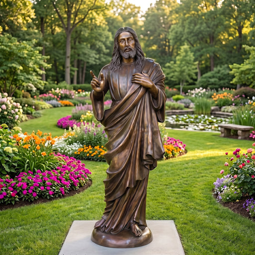 Life size statue of Jesus in bronze metal. Displayed in formal garden.