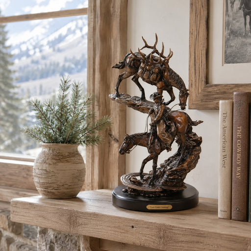 Bronze-finished sculpture of a cowboy riding a bucking horse and a deer, displayed on a rustic wooden mantel in a cozy room setting with a potted plant and books. sculpture title: Last Creek Crossing. Artist: Marc Pierce