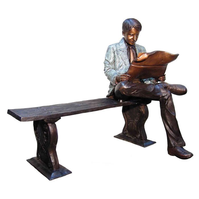 Man Reading Newspaper on Bench Bronze Sculpture