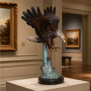 bronze eagle landing on marble base. Art gallery interior design