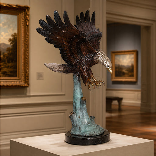 bronze eagle landing on marble base. Art gallery interior design