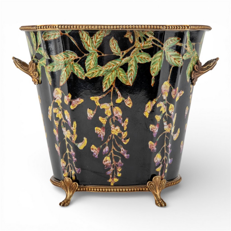 Midnight Blossom Cachepot Planter-Porcelain & Bronze