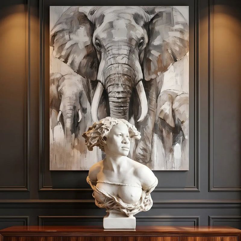 Bust of Negresse Captive on a wooden table with an elephant painting in the background