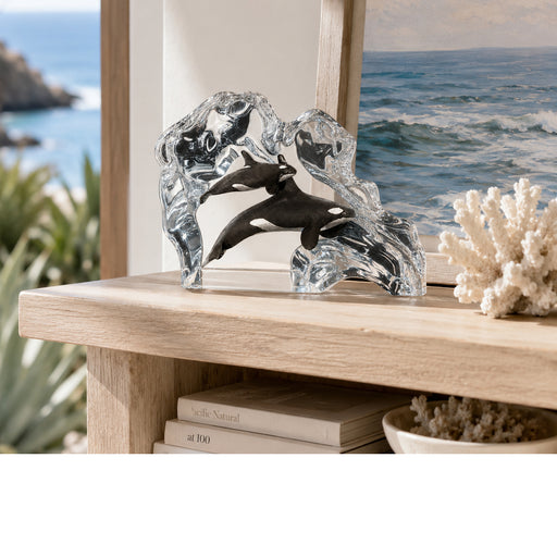 Sculpture of Orca wales in lucite by Kitty Cantrell on a wooden shelf with ocean view