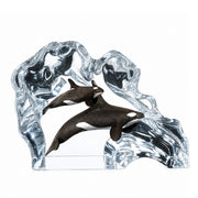 Lucite sculpture of two orca whales swimming through clear water on a white background