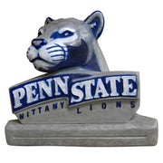 A statue of a Penn State Nittany Lion mascot, featuring a lion's head with a logo on the background.