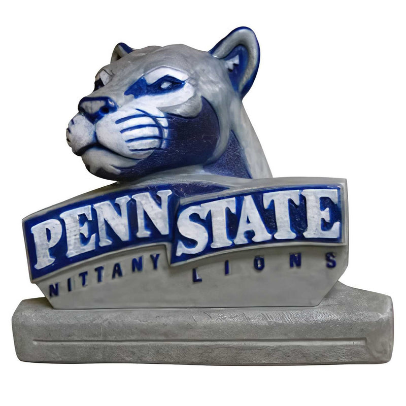A statue of a Penn State Nittany Lion mascot, featuring a lion's head with a logo on the background.