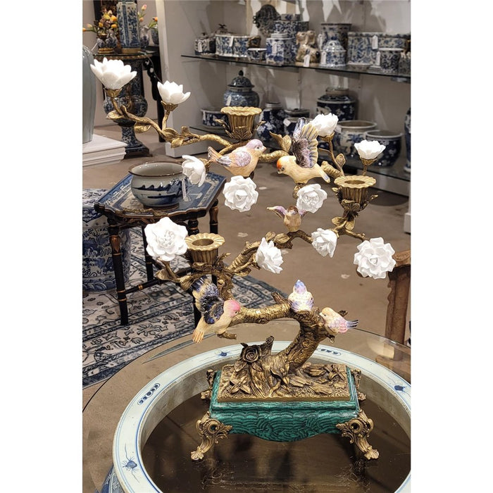 Perched Birds Candelabra-Porcelain & Bronze