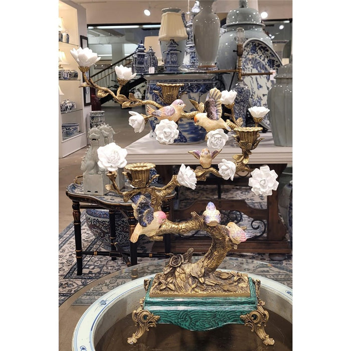 Perched Birds Candelabra-Porcelain & Bronze