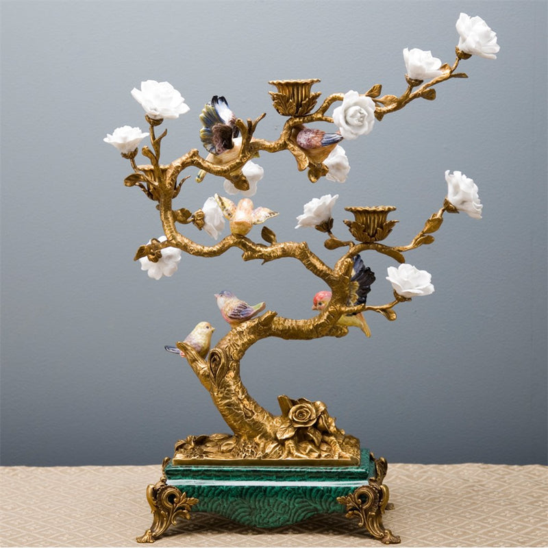 Perched Birds Candelabra-Porcelain & Bronze