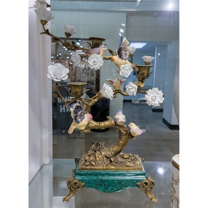 Perched Birds Candelabra-Porcelain & Bronze