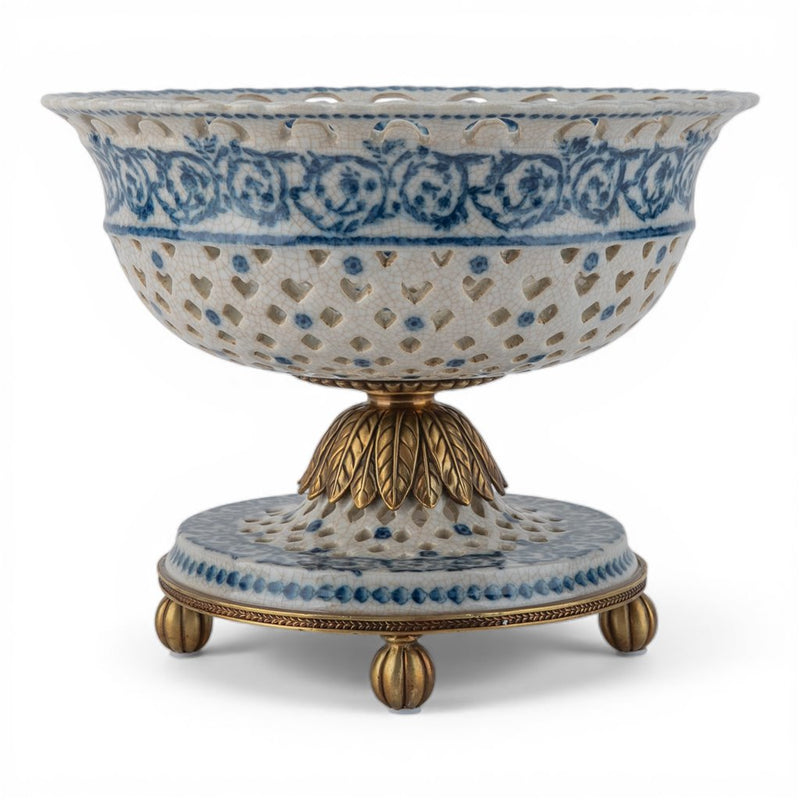 Blue & White Pierced Pedestal Bowl-Porcelain & Bronze