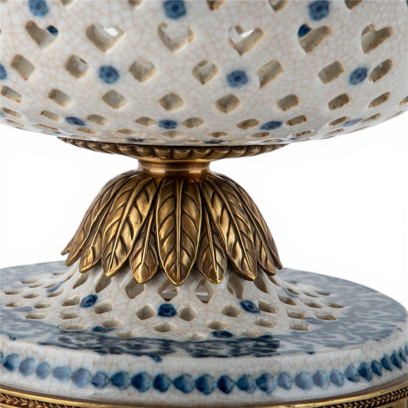 Blue & White Pierced Pedestal Bowl-Porcelain & Bronze