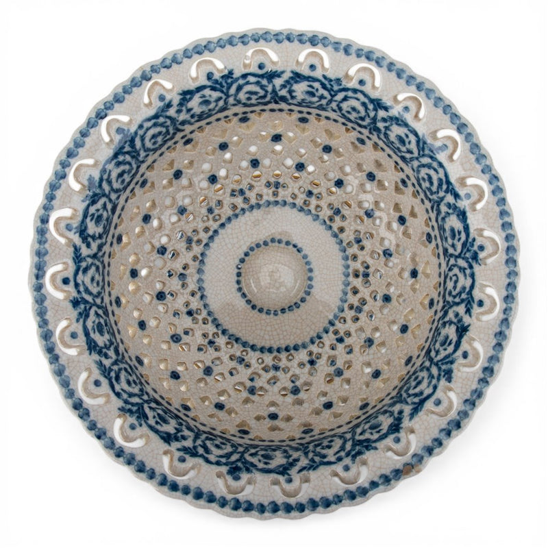 Blue & White Pierced Pedestal Bowl-Porcelain & Bronze