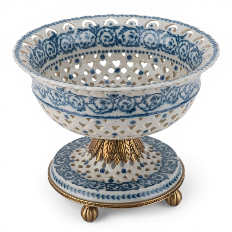 Blue & White Pierced Pedestal Bowl-Porcelain & Bronze