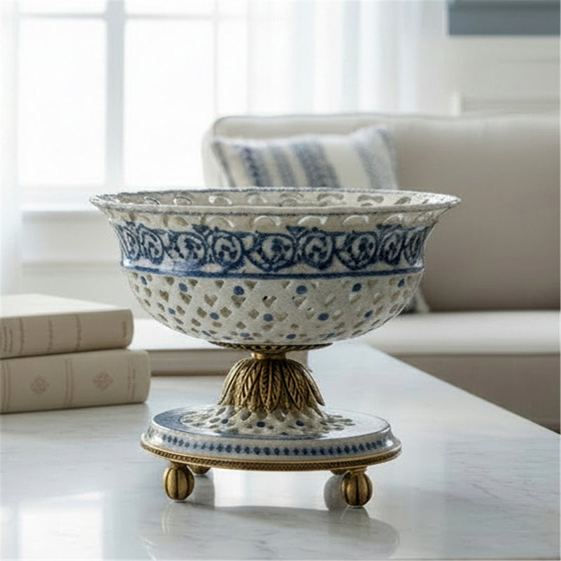 Blue & White Pierced Pedestal Bowl-Porcelain & Bronze