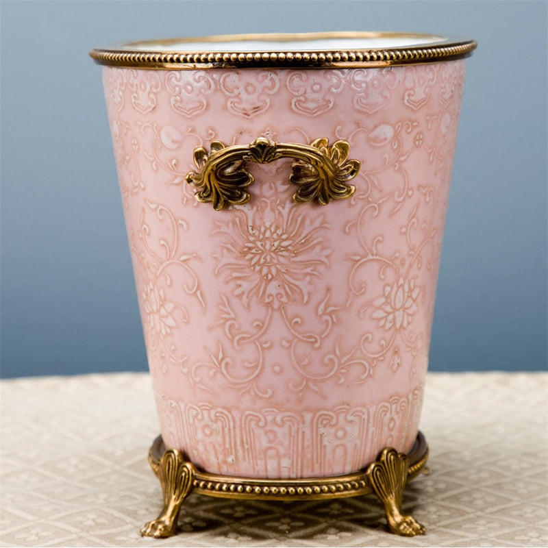 Pink Embossed Floral Cachepot Planter-Porcelain & Bronze