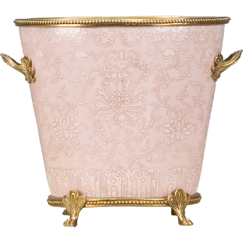 Pink Embossed Floral Cachepot Planter-Porcelain & Bronze