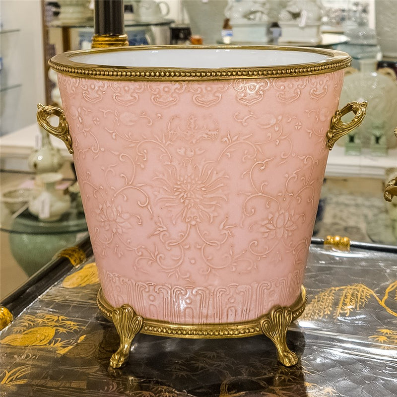 Pink Embossed Floral Cachepot Planter-Porcelain & Bronze