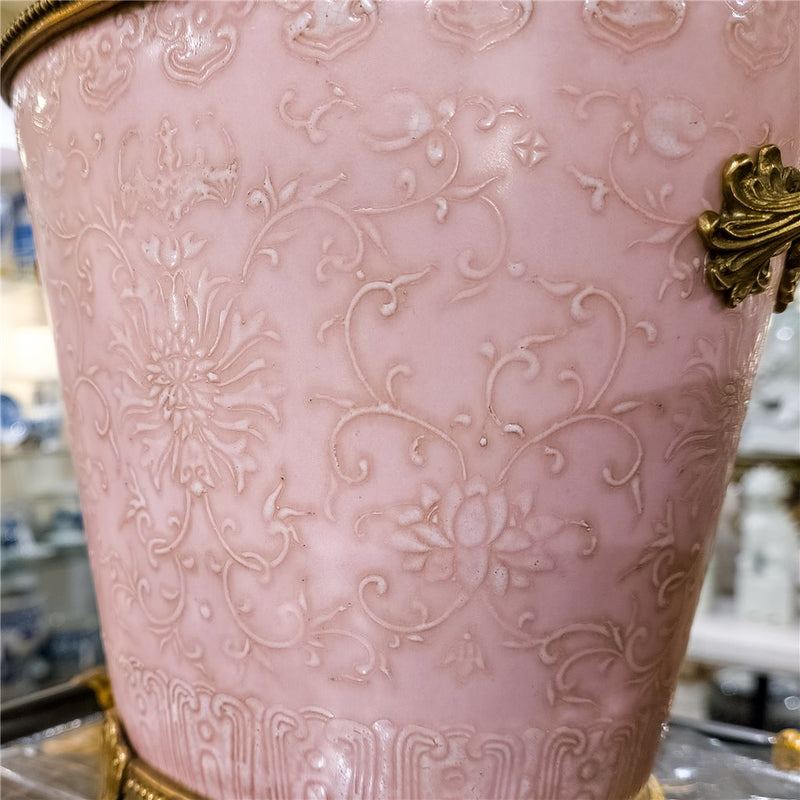 Pink Embossed Floral Cachepot Planter-Porcelain & Bronze
