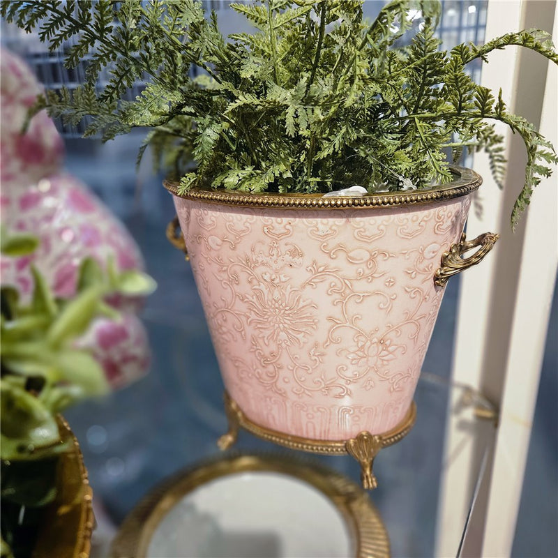 Pink Embossed Floral Cachepot Planter-Porcelain & Bronze