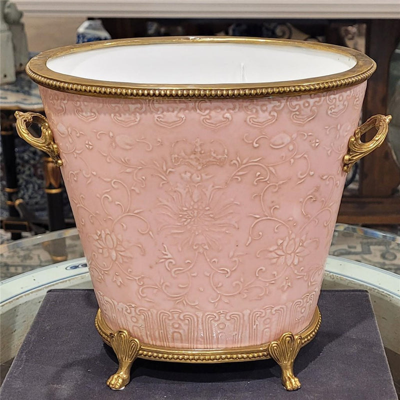Pink Embossed Floral Cachepot Planter-Porcelain & Bronze
