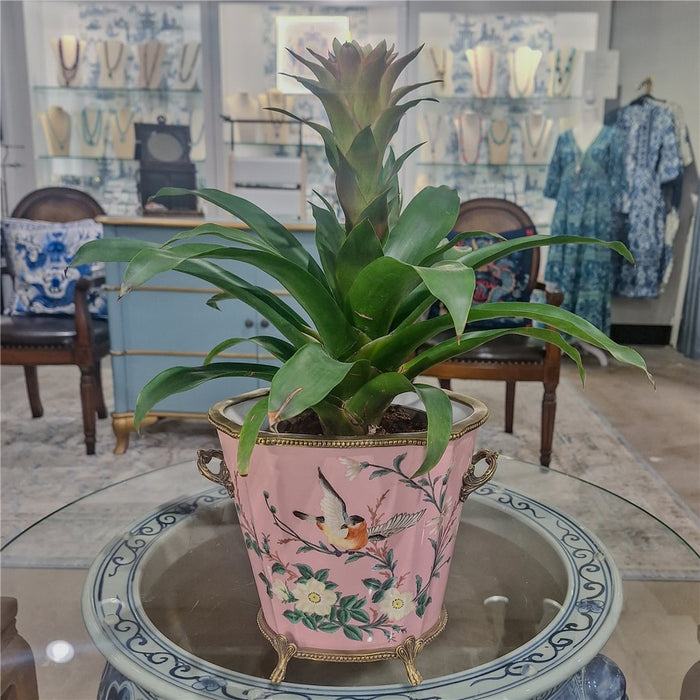 Pink Floral & Bird Cachepot Planter-Porcelain & Bronze