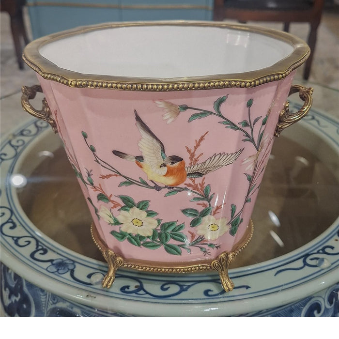 Pink Floral & Bird Cachepot Planter-Porcelain & Bronze
