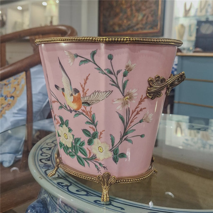 Pink Floral & Bird Cachepot Planter-Porcelain & Bronze