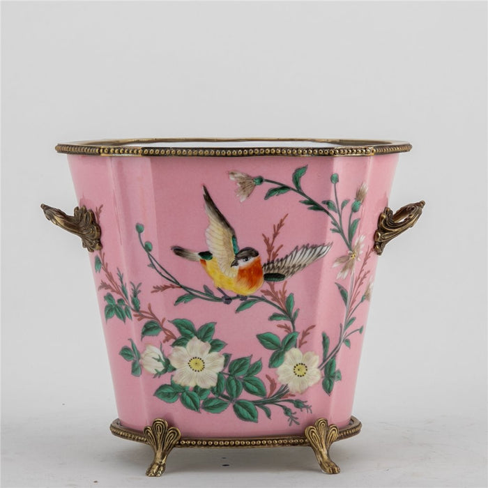 Pink Floral & Bird Cachepot Planter-Porcelain & Bronze