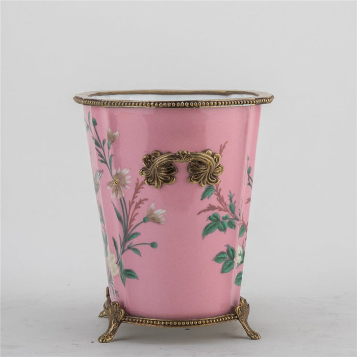 Pink Floral & Bird Cachepot Planter-Porcelain & Bronze