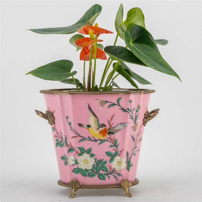 Pink Floral & Bird Cachepot Planter-Porcelain & Bronze