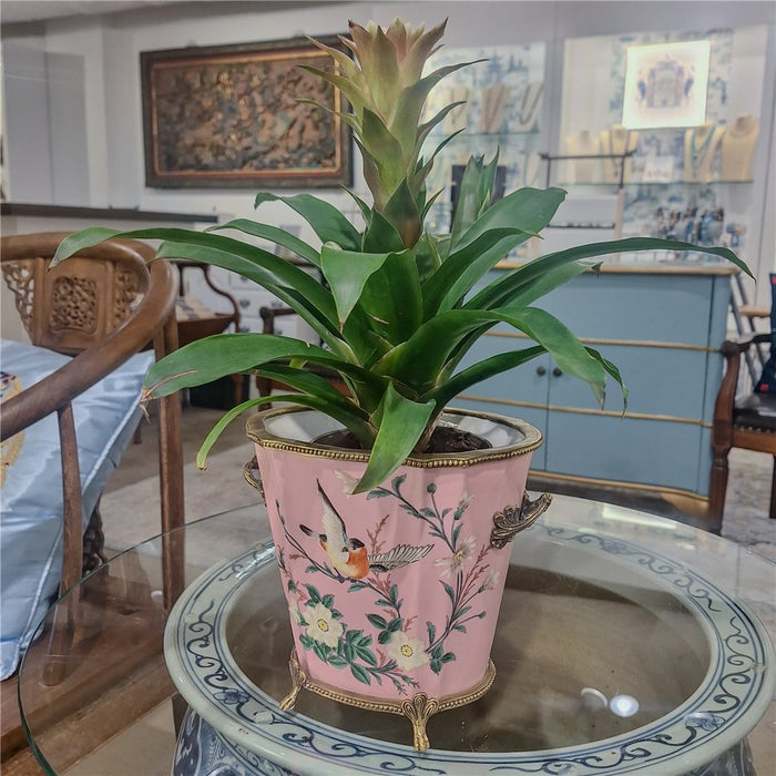 Pink Floral & Bird Cachepot Planter-Porcelain & Bronze