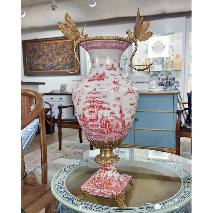 Pink & White Dragonfly Vase-Porcelain & Bronze