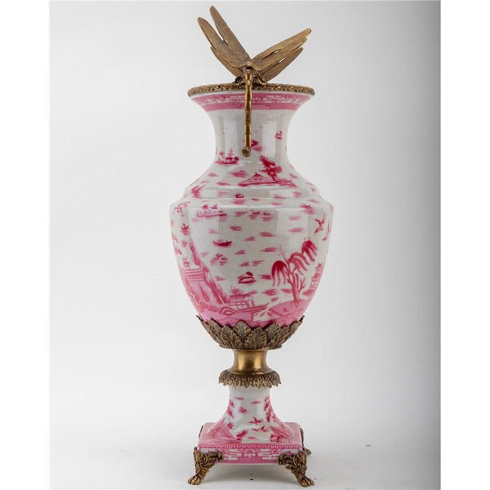 Pink & White Dragonfly Vase-Porcelain & Bronze