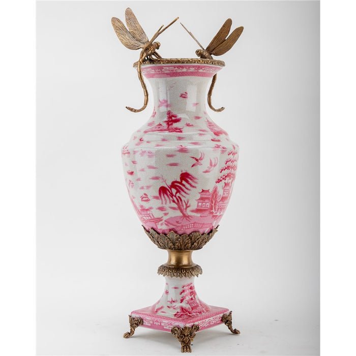 Pink & White Dragonfly Vase-Porcelain & Bronze