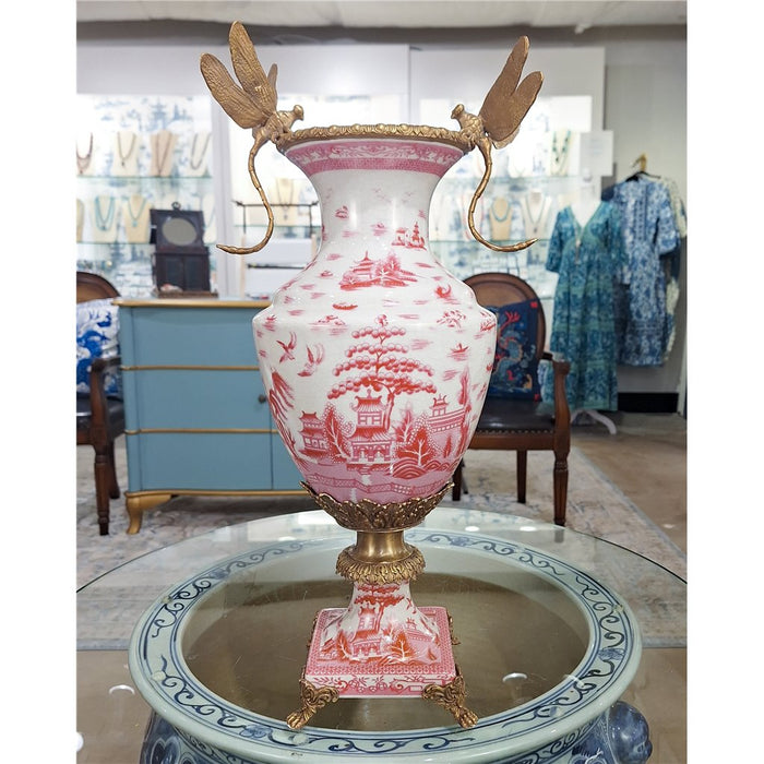 Pink & White Dragonfly Vase-Porcelain & Bronze