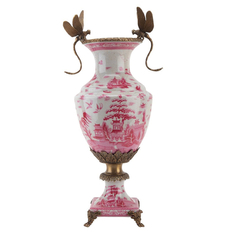 Pink & White Dragonfly Vase-Porcelain & Bronze